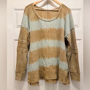 Free People | We The Free Beige & Light Blue/Gree. Striped Ribbed Top